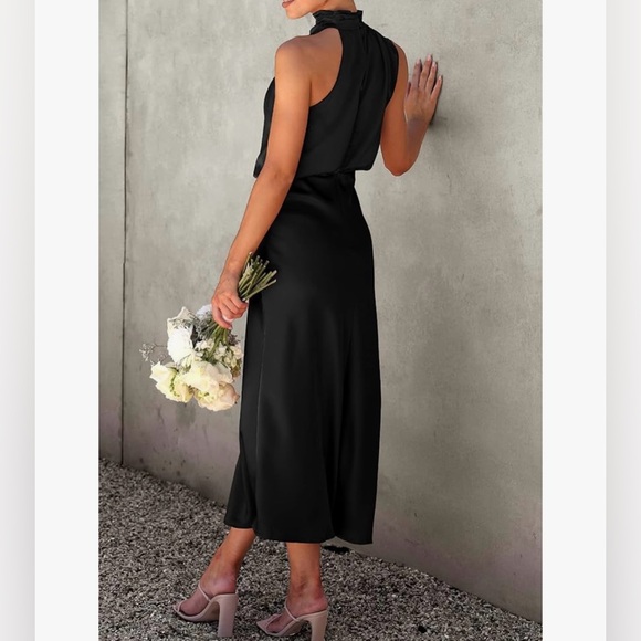 PrettyGarden Black Satin Sleeveless Mock Neck Cocktail Maxi Dress NWT | M - Picture 2 of 7